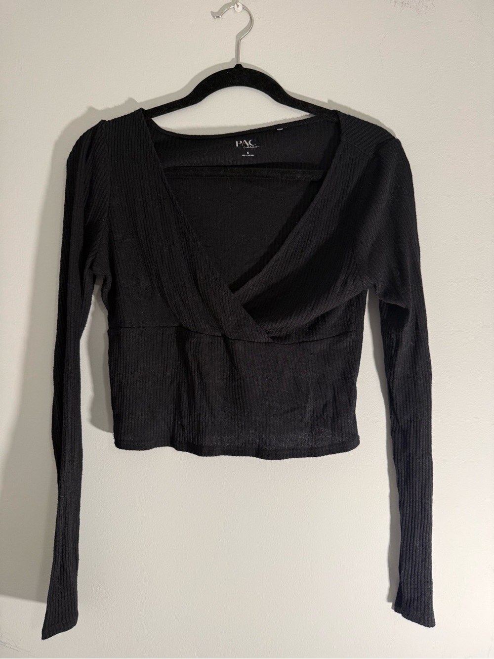 Pacsun Black Ribbed Wrap-Front Long Sleeve Top